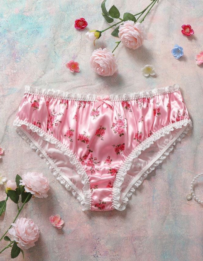 Floral print pink silky feel satin knickers panties scrunchie bum size UK 22/3XL