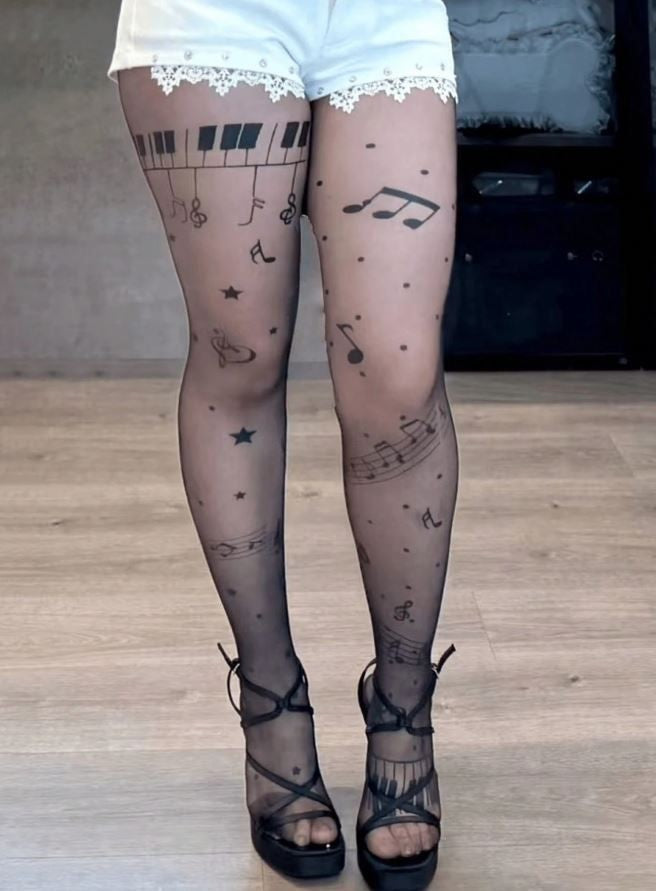 Black fake tattoo Piano Print Sexy tights Suitable For music lovers one size