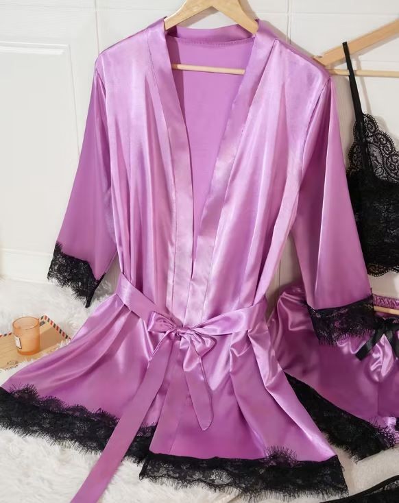 Silky feel purple satin black lace trim 4 piece lingerie set size 16-18 (XL)