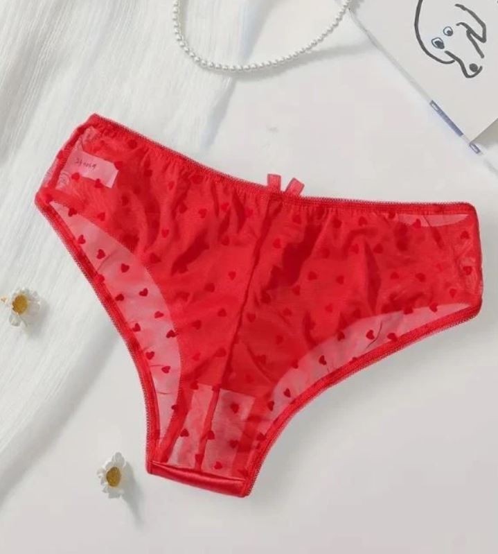 ❤️ Red Sheer Mesh Heart Knickers Satin Front Briefs romantic panties size M 10