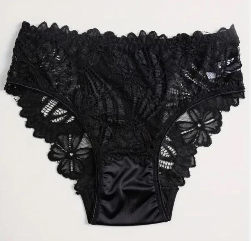 Women elegant black lace satin panties lace trim briefs satin knickers size S 8