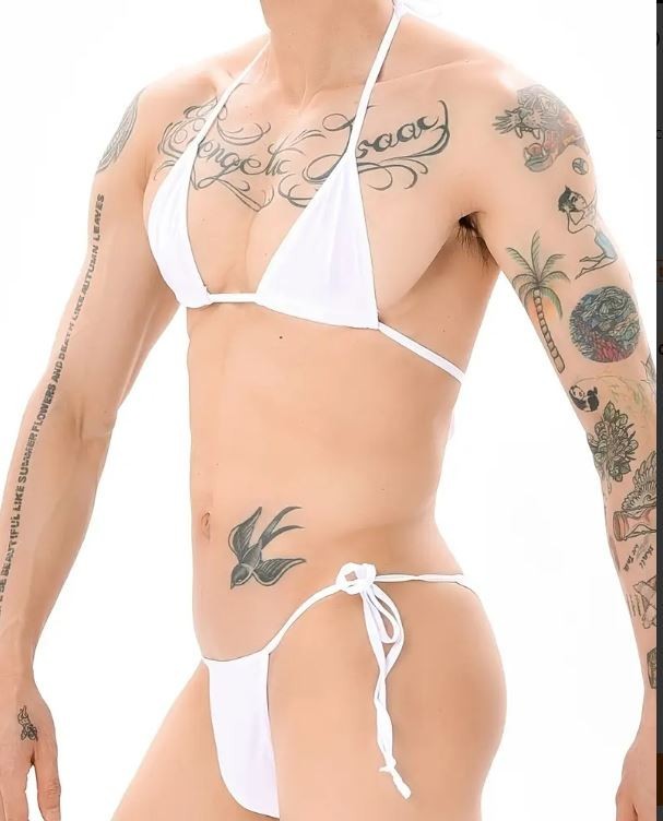 Mens white Micro Bikini Set String Triangle Bra Thong Swimwear ONE size fits S-L