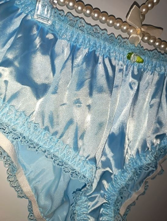 Baby blue Satin Frilly Knickers Lace Trim Vintage Style panties size S 8