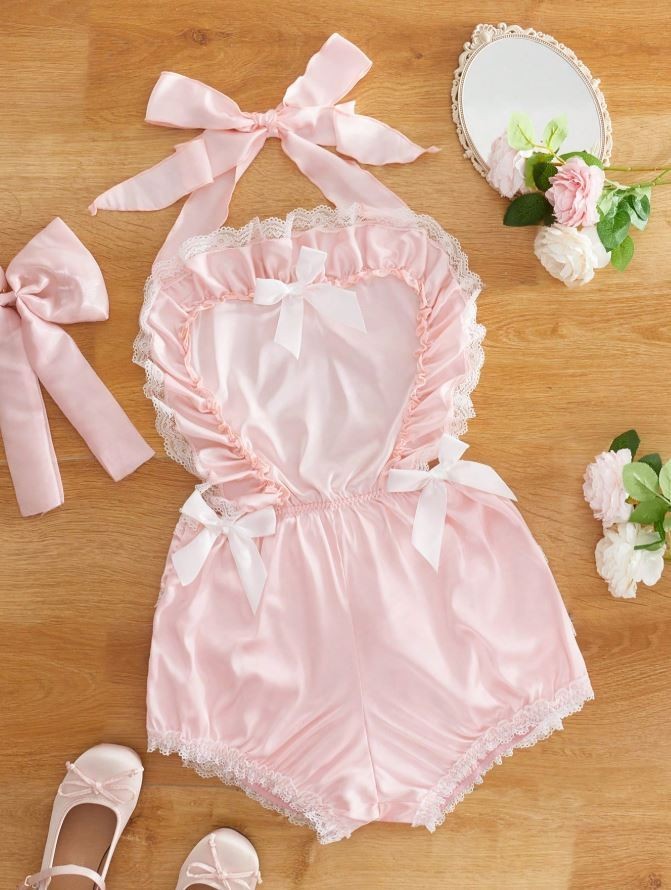 Silky feel satin pink lingerie romper style ruffles open back stretchy 12/14 - L