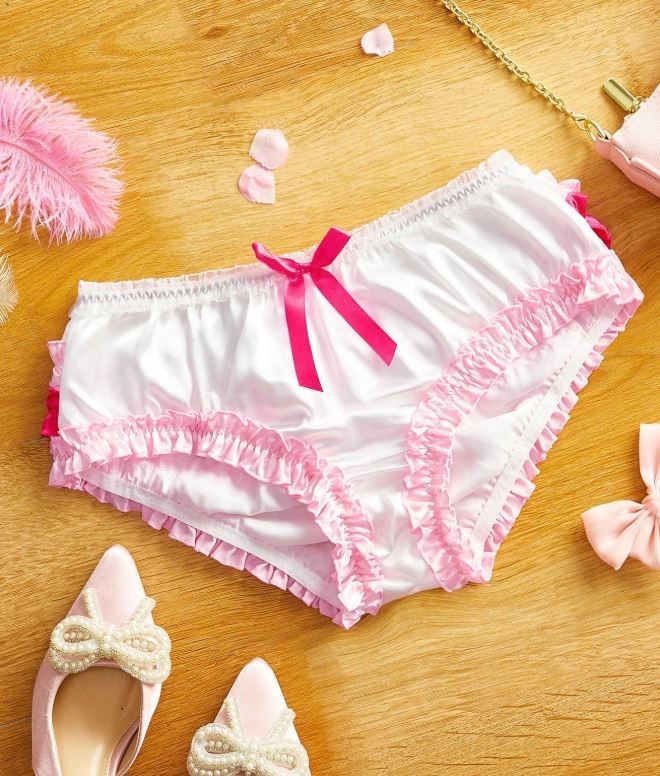 WHITE silky feel satin panties knickers ruffles sissy pink bows size 16-18 (XL)