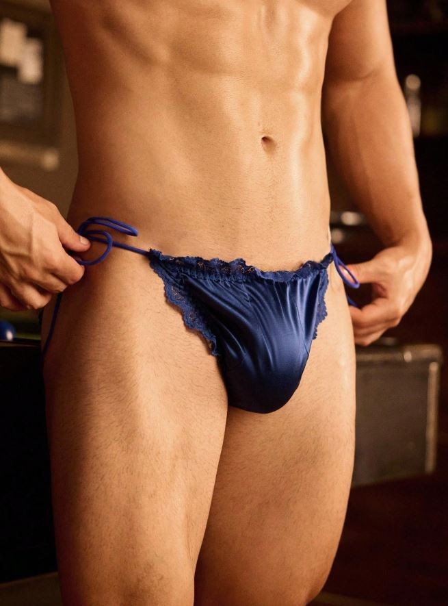 Men’s Blue Satin silky feel panties Side Tie ruched Luxury Fashion size S 8