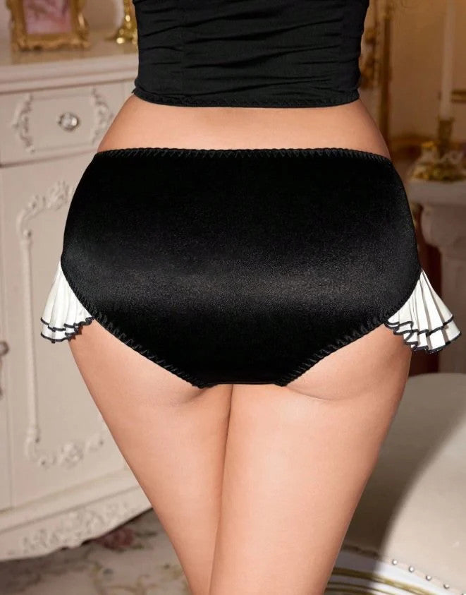 Silky feel Satin Frilly Knickers Briefs black Panties white ruffles  size 10 / M