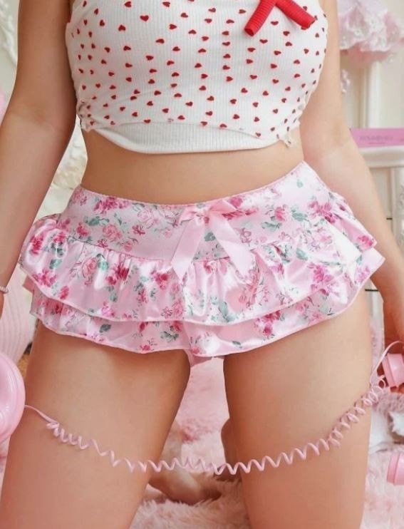 Pink Floral Frilly Knickers Skirted Panties Bow Ruffle PLUS size 4XL UK 22-24