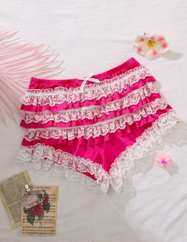 Ice Silky feel PINK panties satin knickers frilly layered ruffles glossy 10 / M