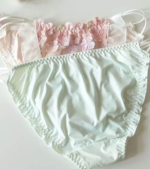HOT! Japanese style soft silky feel satin lace tanga panties embroidered sissy
