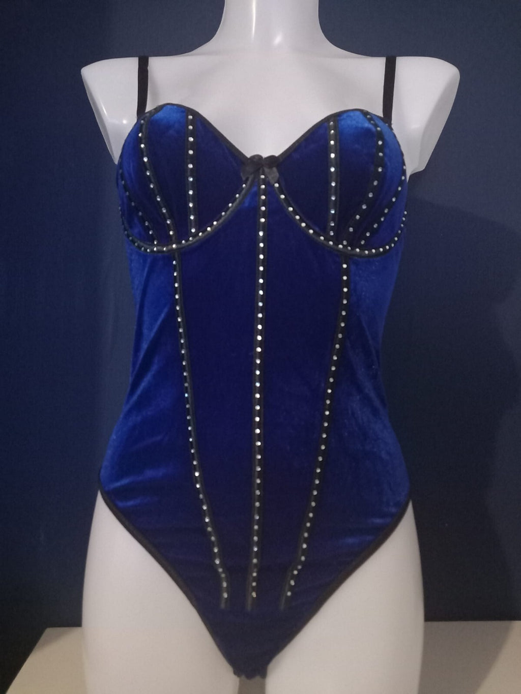 Women Royal Blue Velvet Bodysuit Studded Corset Style Adjustable Straps size 8-S