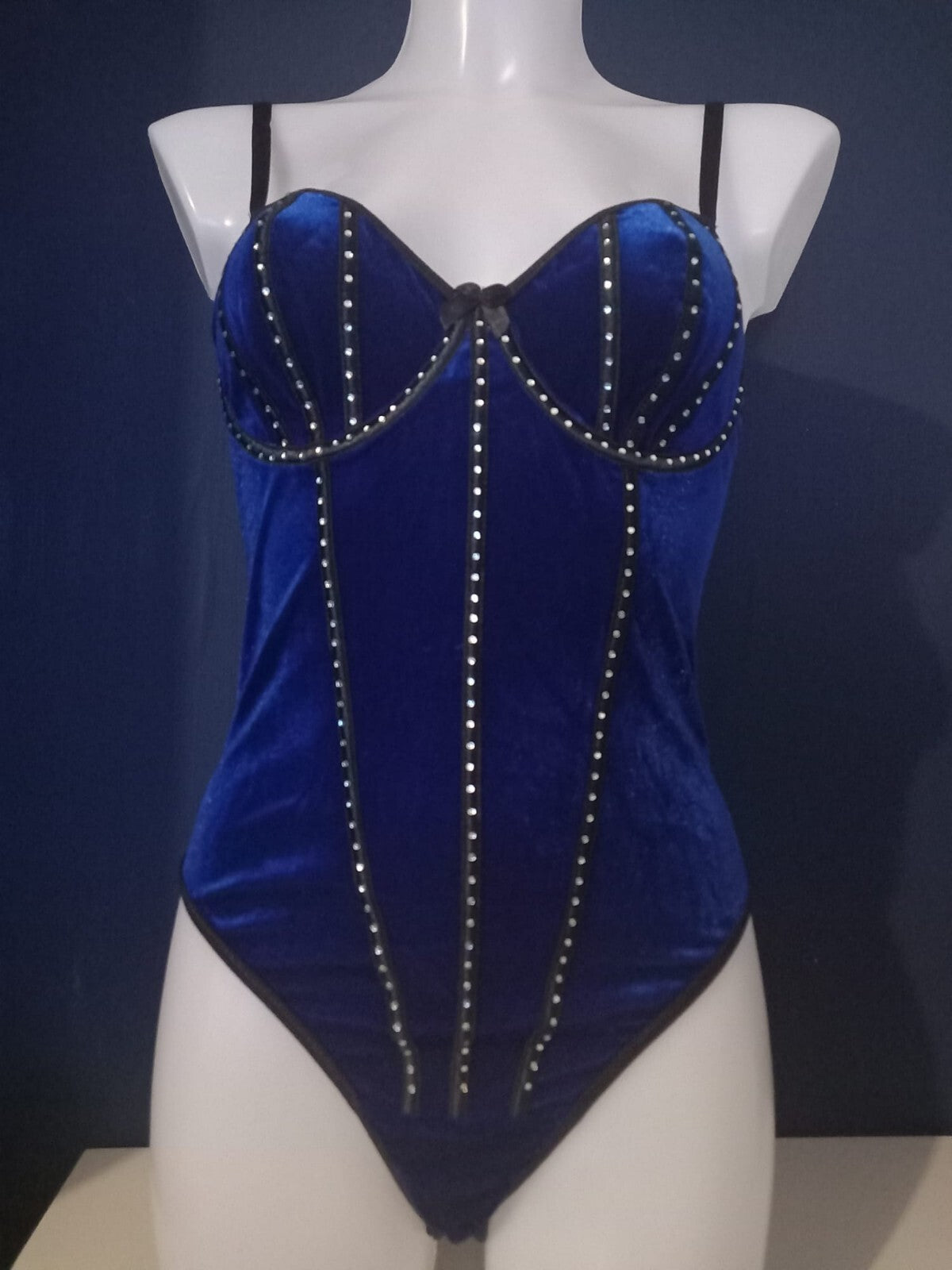 Women Royal Blue Velvet Bodysuit Studded Corset Style Adjustable Straps size 8-S