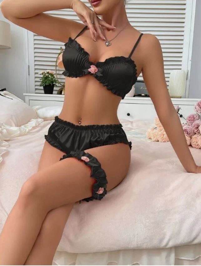 Women Black Satin Frilly Lingerie Set Bra  Panties Ruffle Garter size L UK 12-14