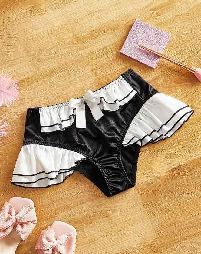 Silky feel Satin Frilly Knickers Briefs black Panties white ruffles size 12-14/L