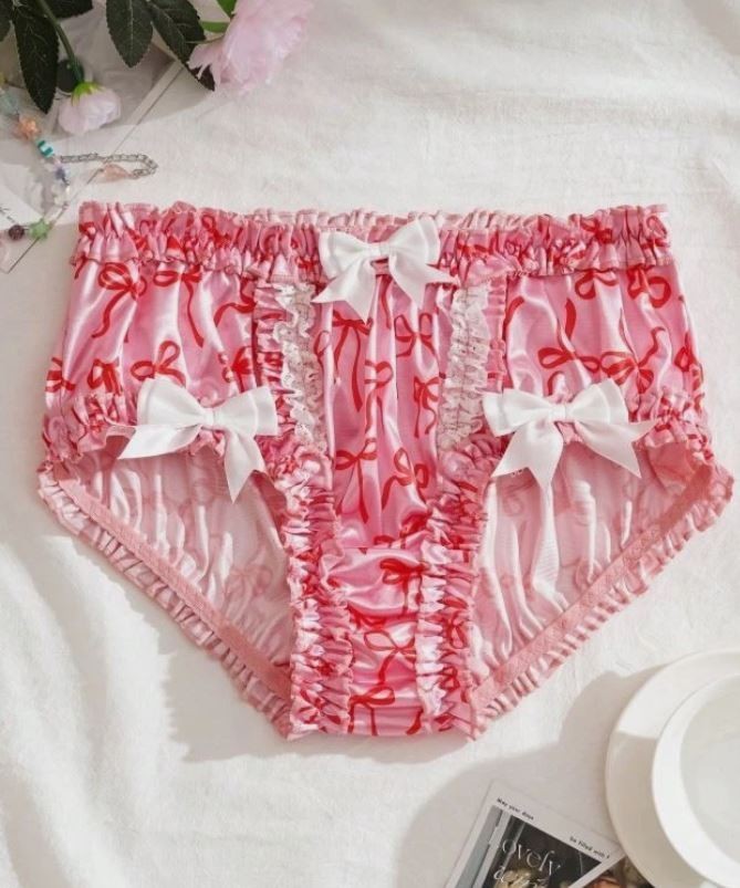 Pink Satin Bow Print Ruffle Panties silky feel Coquette knickers sissy size 8 S