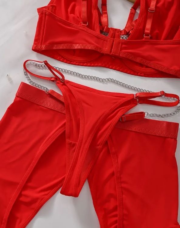 HOT! trendy lingerie 5-piece set soft silky feel satin chain detail women sissy