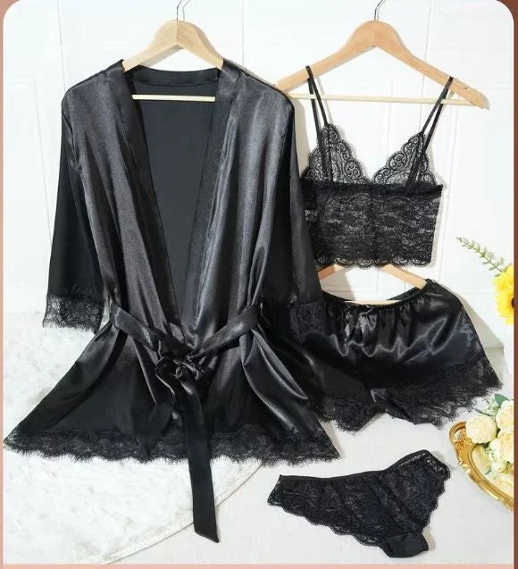 Silky feel black satin black lace trim 4 piece lingerie set size 10 (M)