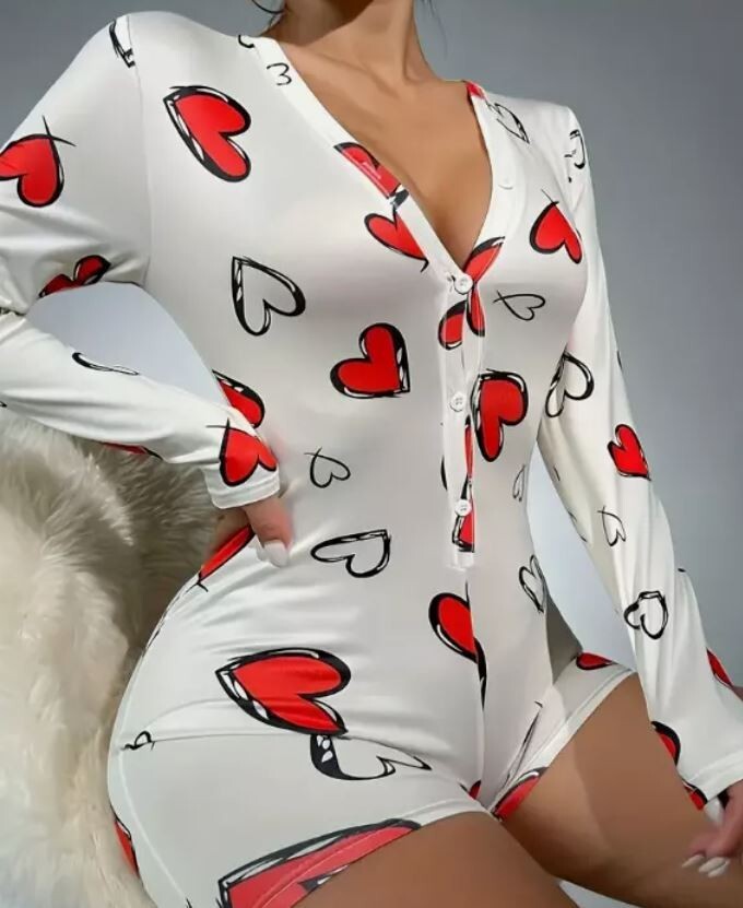 V neck heart print soft feel romper playsuit long sleeve polyester PJ
