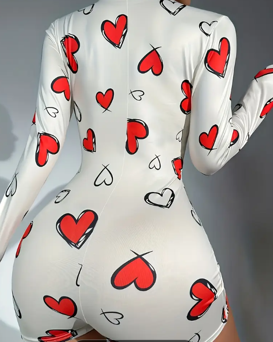 V neck heart print soft feel romper playsuit long sleeve polyester PJ