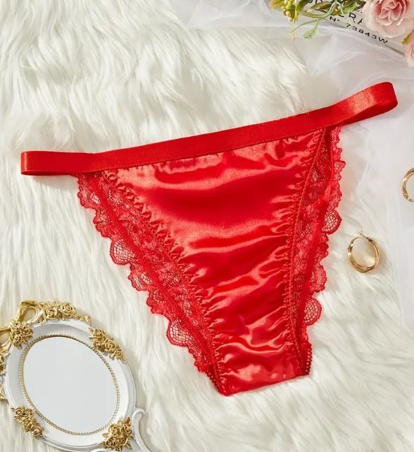 Women's red silky feel satin tanga panties knickers mesh lace sissy size 8 (S)