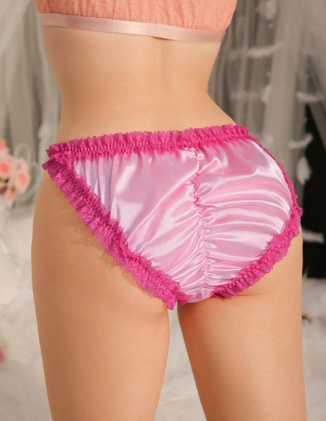 Pink Satin Ruched Knickers Ruffle lace Trim women sissy silky feel size 3XL 22