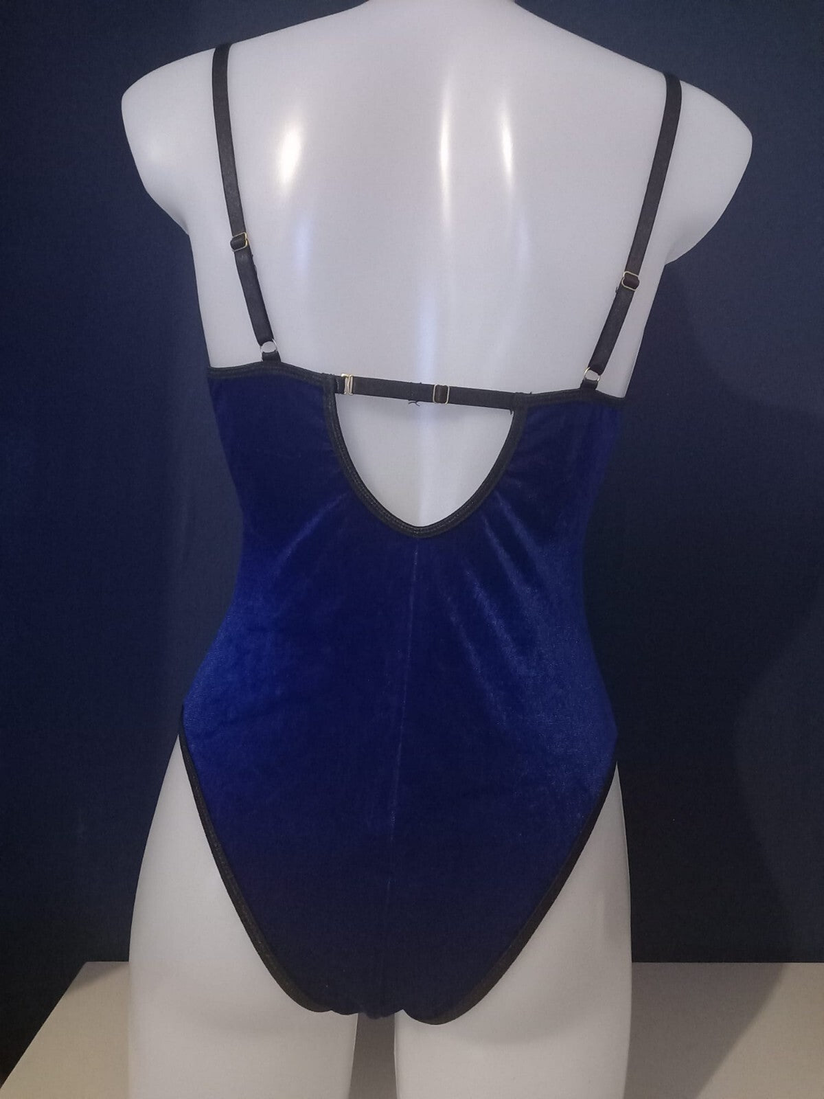 Women Royal Blue Velvet Bodysuit Studded Corset Style Adjustable Straps size 8-S