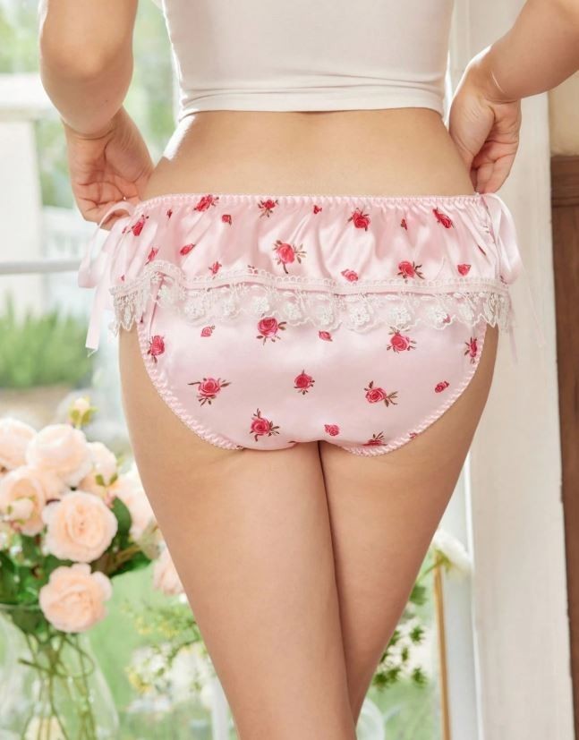 Women's floral print pink silky feel satin knickers panties sissy size 8 (S)