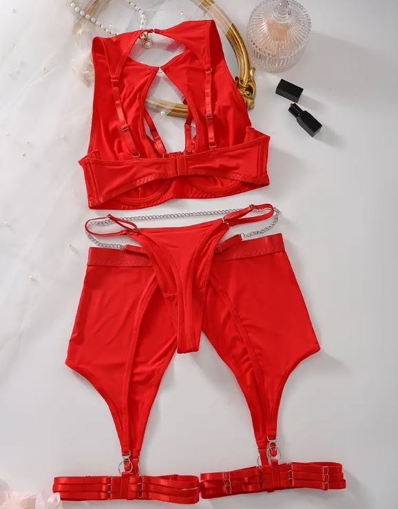 HOT! trendy lingerie 5-piece set soft silky feel satin chain detail women sissy