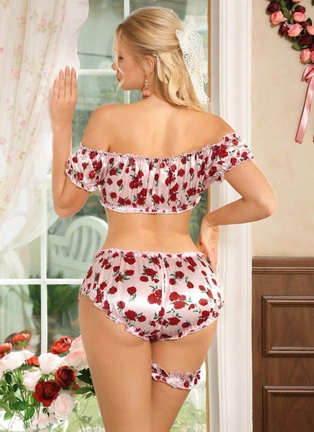 Sexy Rose Print Lingerie Set Off-Shoulder Crop Top panties Garter size L 12-14