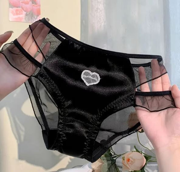 3 Pack Women's stunning satin / mesh knickers heart detail lace trim sissy CD TV