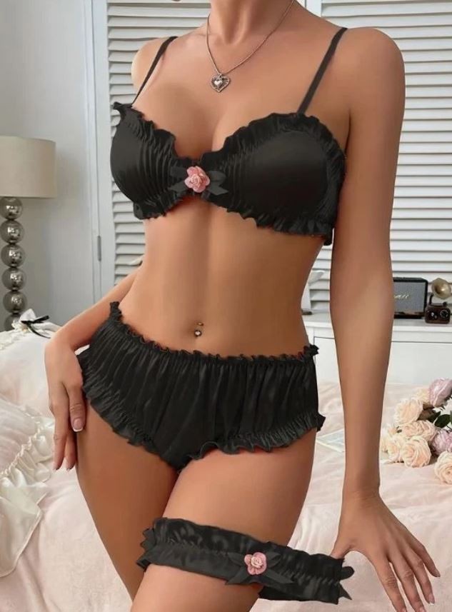 Women Black Satin Frilly Lingerie Set Bra  Panties Ruffle Garter size L UK 12-14