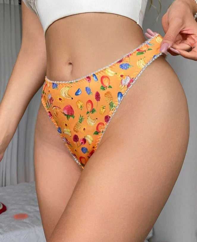 Orange soft silky feel satin panties thongs tropical fruits print size 10 (M)