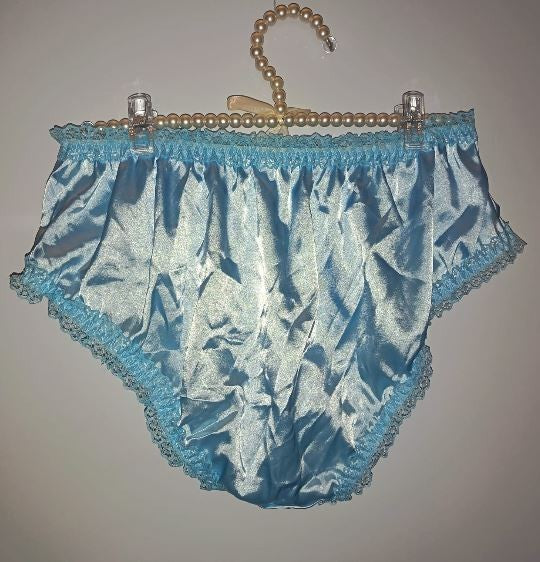 Baby blue Satin Frilly Knickers Lace Trim Vintage Style panties size M 10