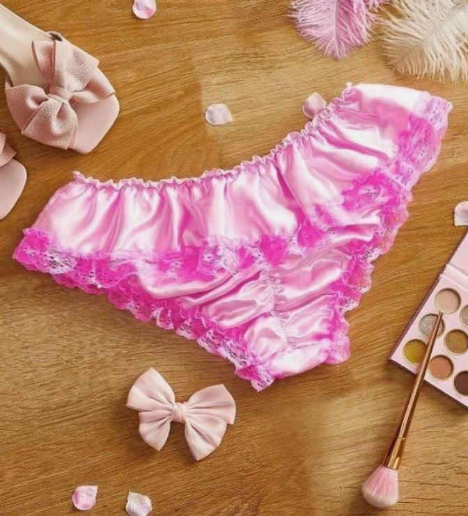Women’s Pink Satin Lace Bow Bikini Briefs Soft Cute knickers silky feel size S 8