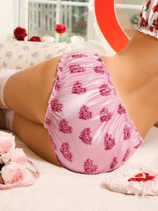 Women’s Satin Silky Feel Floral Panties Bow Soft & Smooth size UK 16-18 / (XL)
