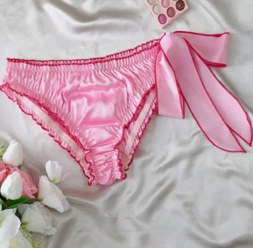 Women’s Pink Satin Bikini Briefs Side Bow Tie Ruffle Trim Panties size M / 10