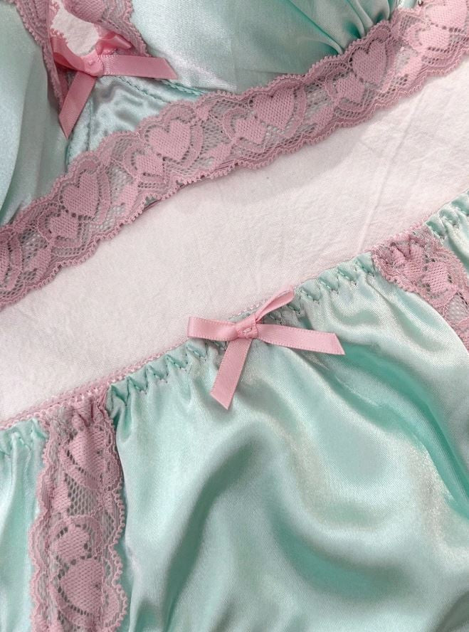 Women’s Mint Green Satin Bra & Knickers Set Pink Lace Trim Lingerie size S 8