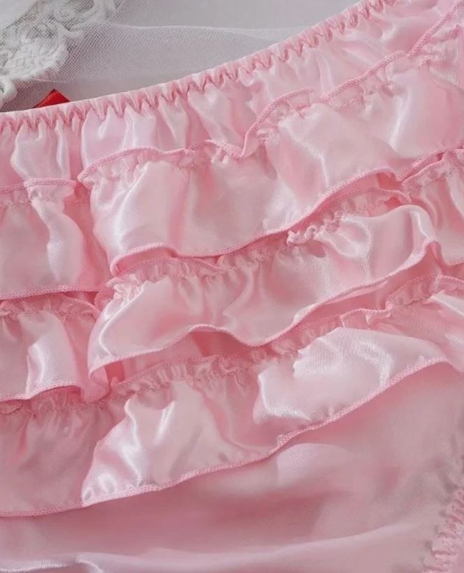 Women pink silky feel satin knickers ruffles red bow panties sissy CD size 10  M