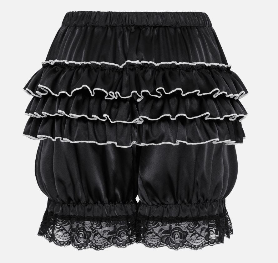 Silky satin bloomers black shorts pants ruffled lace trim sissy size S / UK 8