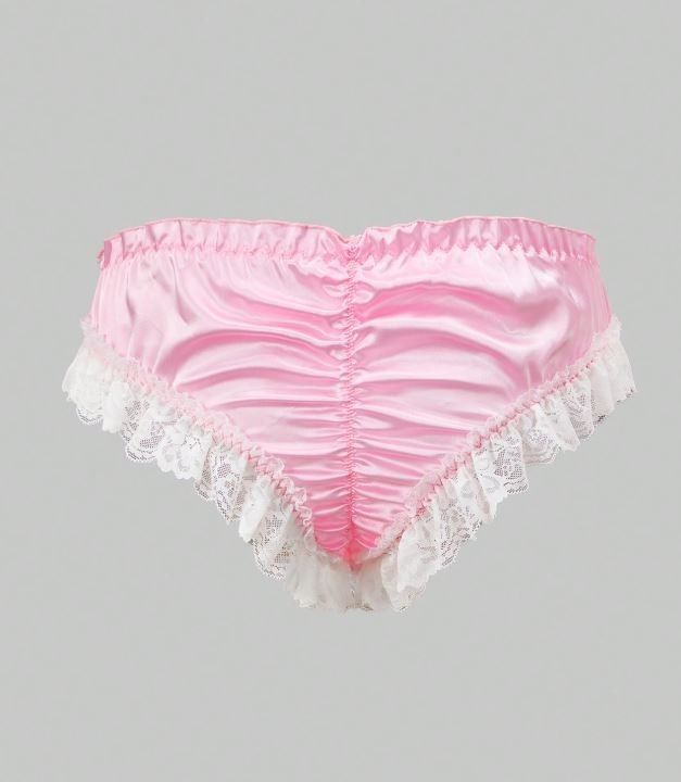 Men’s pink Satin silky feel panties ruched Luxury sissy lace trim size S 8