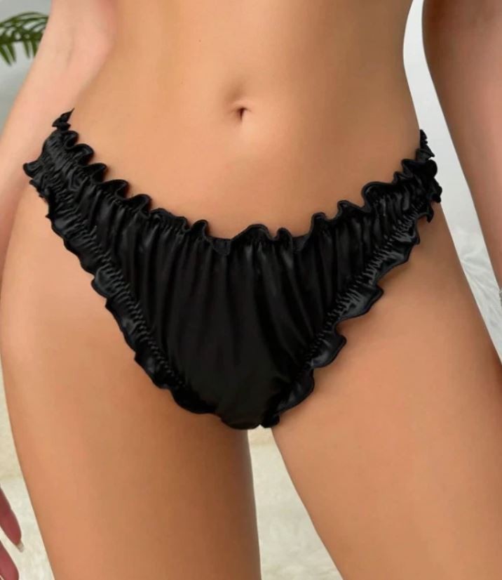 Black Satin Frilly Knickers with Bow Ruched Back Lingerie silky Panties UK 8 S