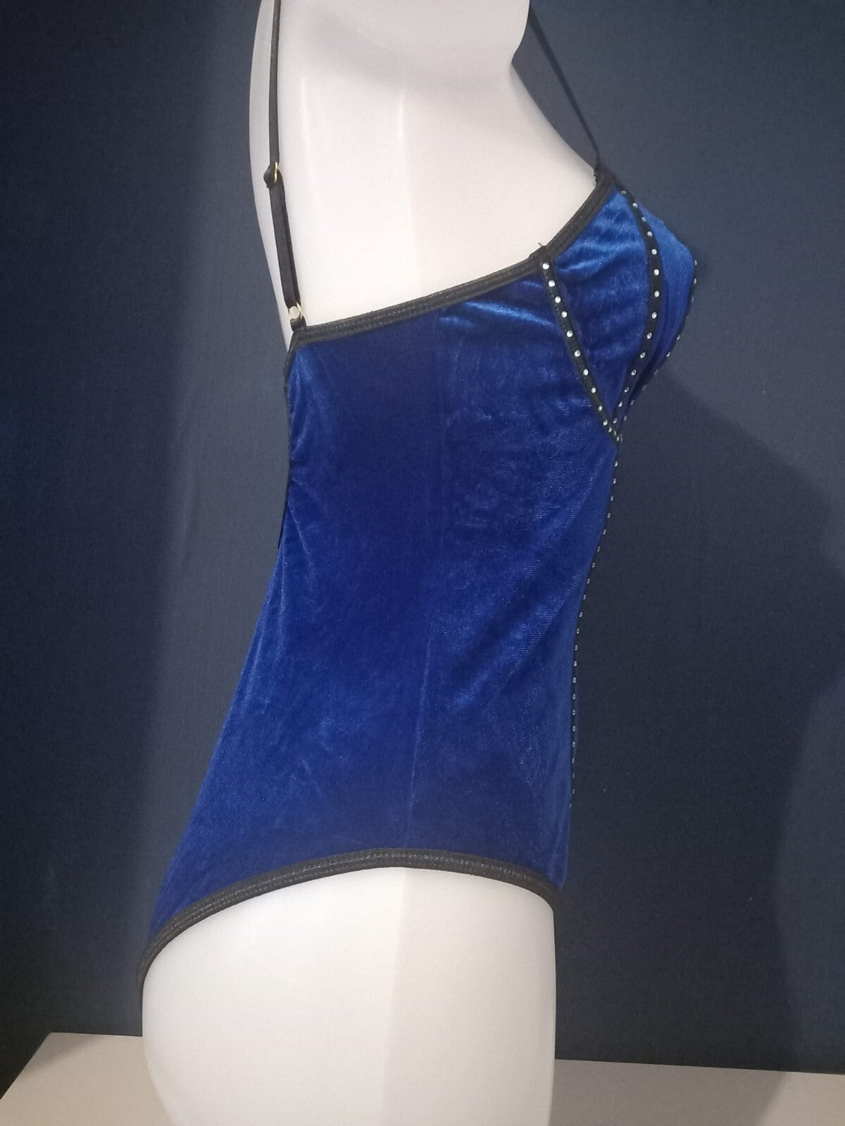Women Royal Blue Velvet Bodysuit Studded Corset Style Adjustable Straps size 8-S