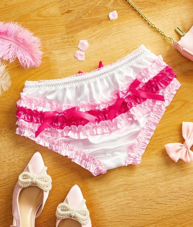 WHITE silky feel satin panties knickers ruffles sissy pink bows size 16-18 (XL)