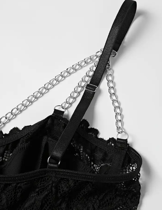 Sexy Lace & Faux Leather Bralette Chain Detail corset in black sissy CD TV