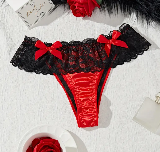 Women's soft silky feel knickers in red with black lace and bow detail open back
