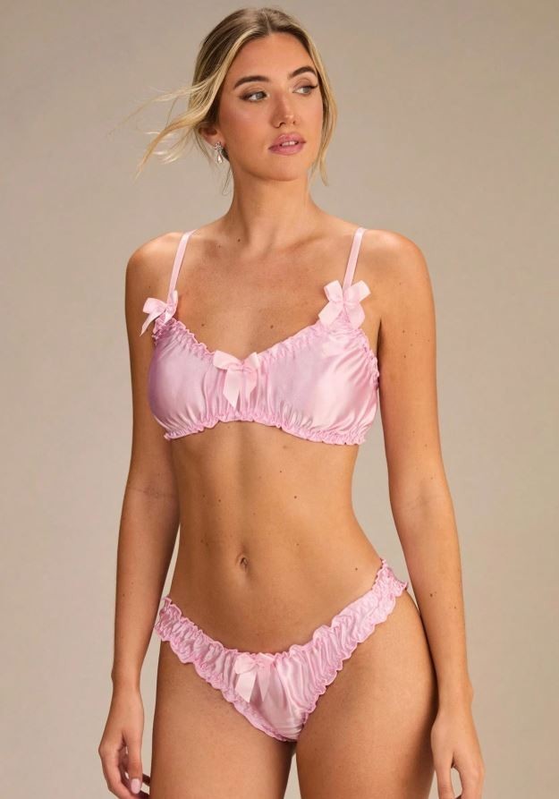 Women Pink Satin Lingerie Set Frill Trim Bow Detail Bra & Knickers size 12-14 L