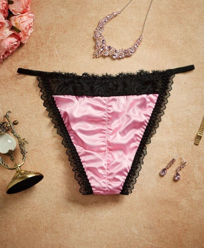 Silky feel satin panties tangas stretchy pink ruched lace trim size 20 (2XL)