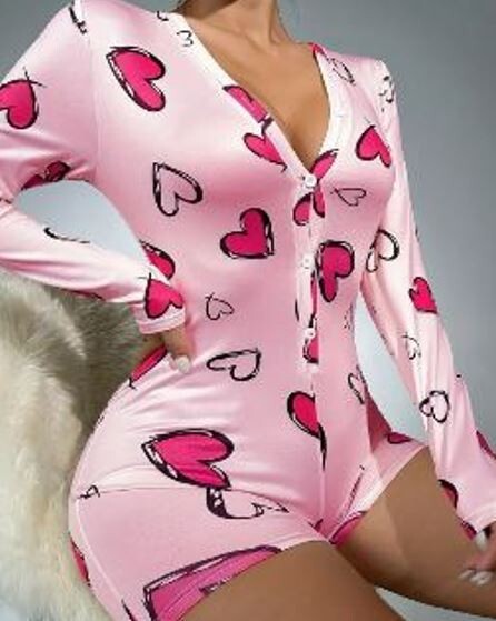 V neck heart print soft feel romper playsuit long sleeve polyester PJ