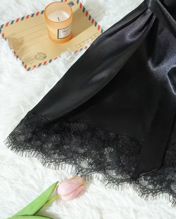 Silky feel black satin black lace trim 4 piece lingerie set size 16/18 (XL)