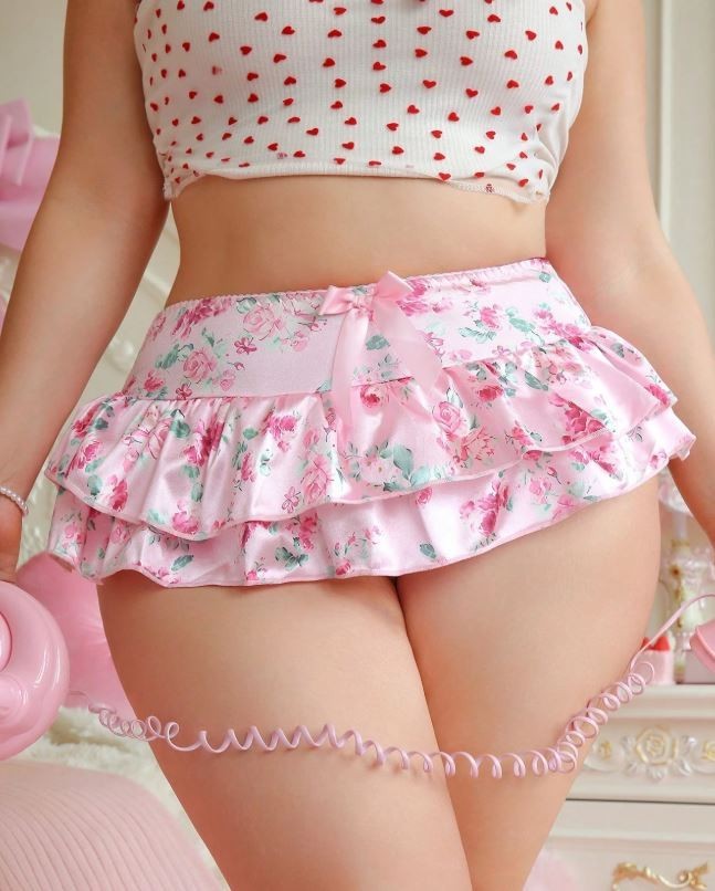 Womens plus size floral satin knickers skirt ruffles panties soft silky feel